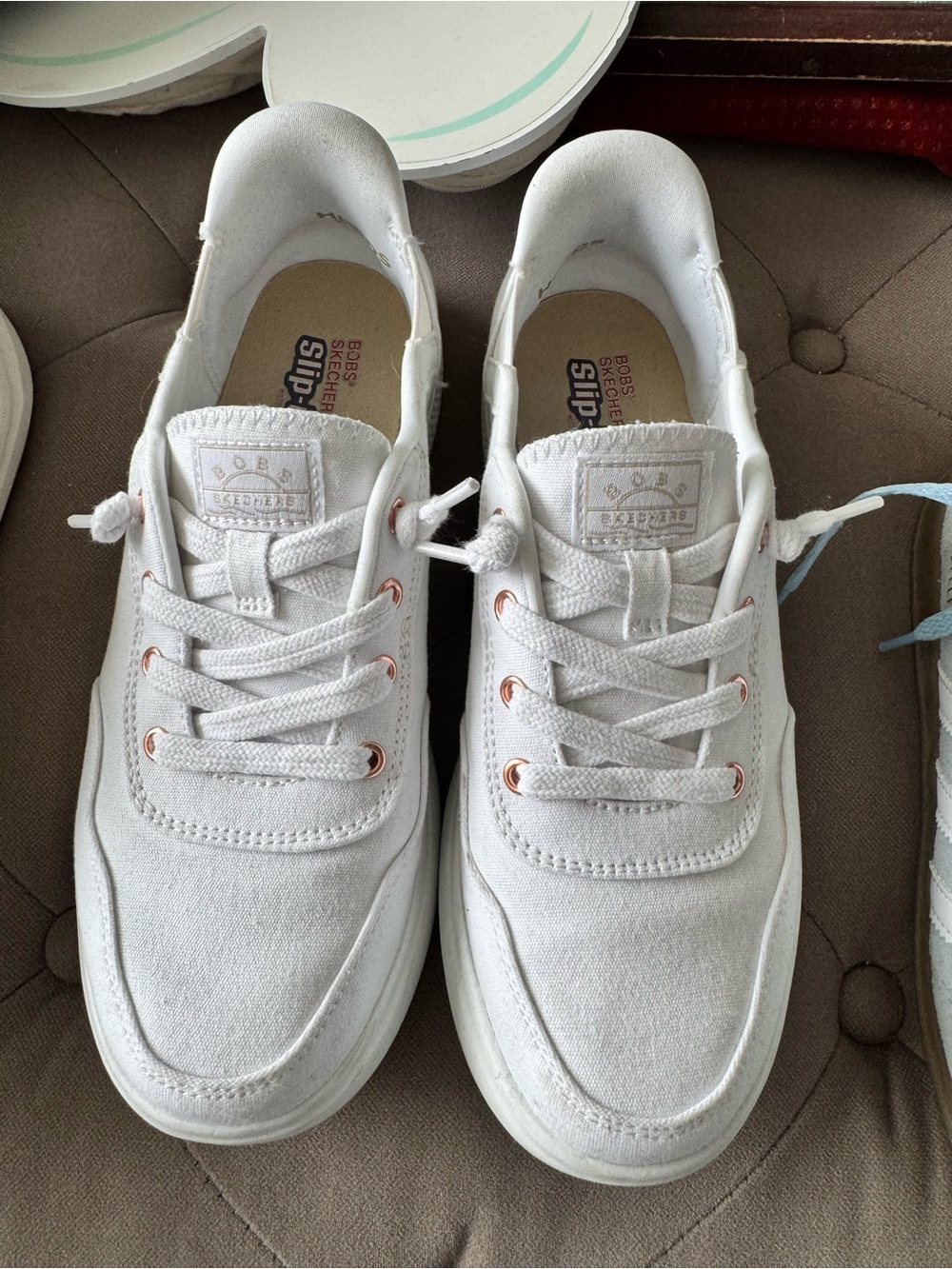 Skechers White Canvas Lace-Up Sneakers with Rose Gold Eyelets